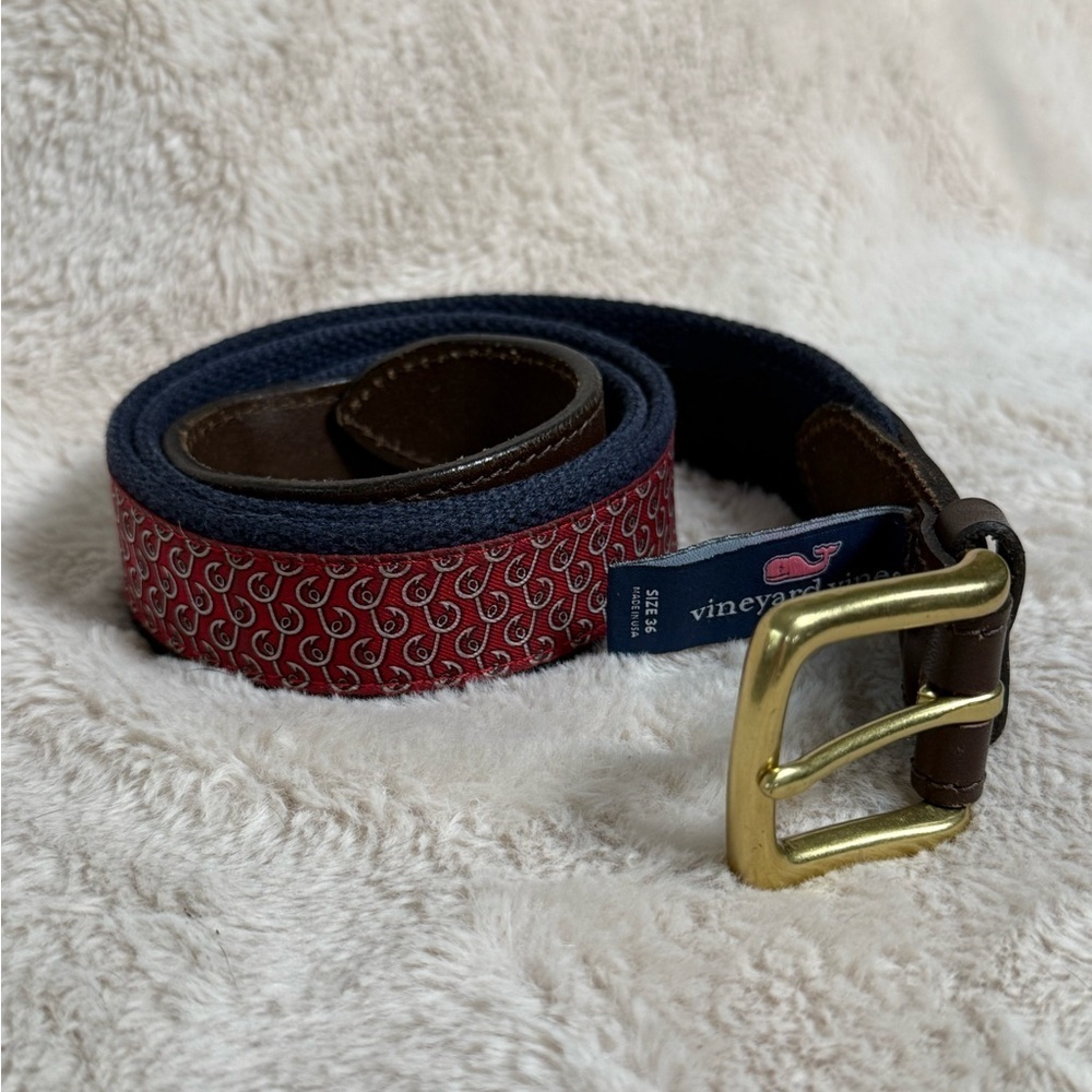 Vineyard Vines Go Fishing Classic Canvas/Leather Belt Mens Sz 36